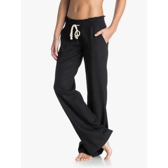 Roxy Oceanside Chambray Flax Linen Blend Pant Black L - Picture 1 of 6